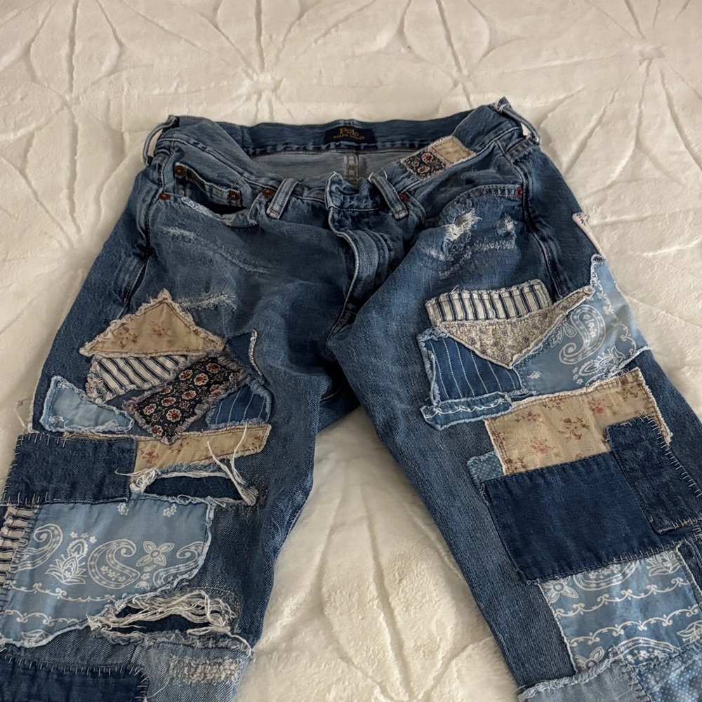 Ralph Lauren cropped Distressed Blue Patchwork Boyfriend Jeans
